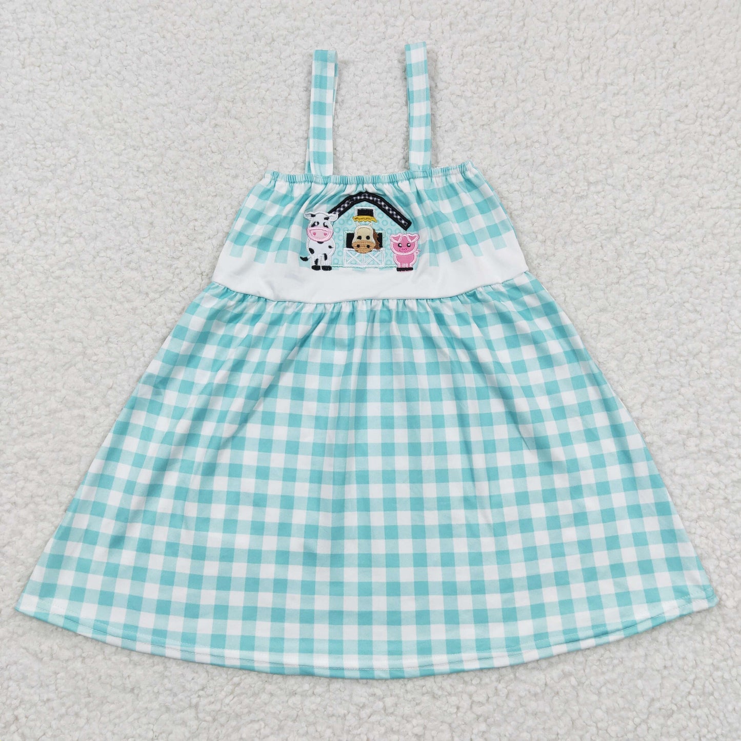 Promotion Baby Girl Sleeveless Embroidery Farm Animals Plaid Dress