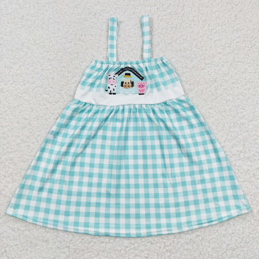 Promotion Baby Girl Sleeveless Embroidery Farm Animals Plaid Dress