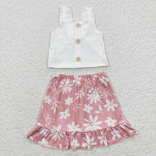 Promotion Baby Girl Sleeveless White Tops Flower Skirt Outfit RTS