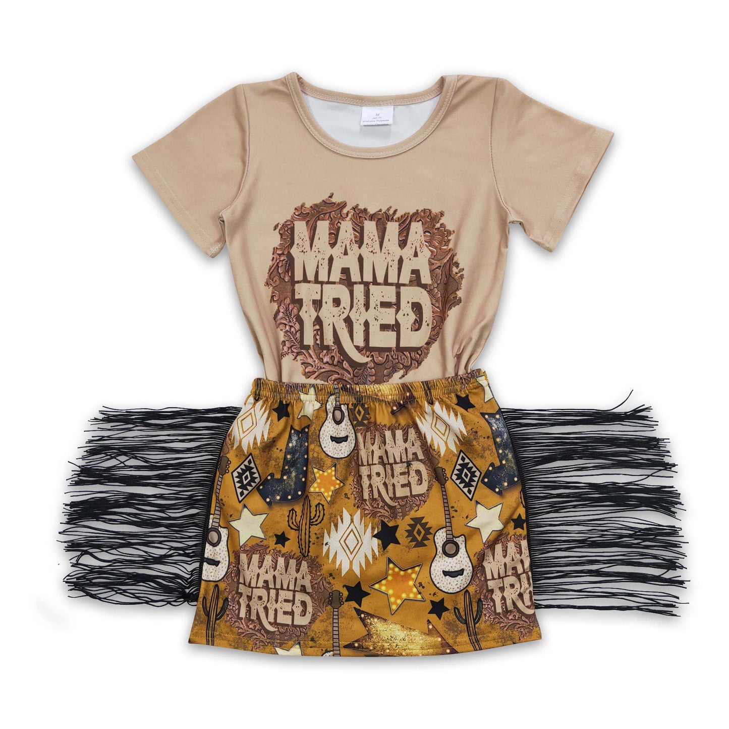 Promotion Baby Girl Summer Short Sleeves Mama Tried Tassel Skirt Western Outfit RTS