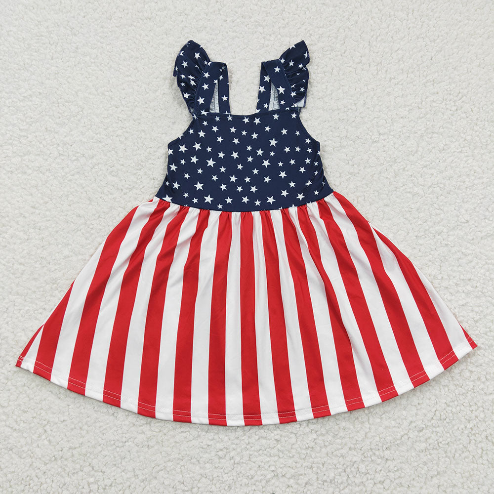 Baby Girl Short Sleeves Stars 4th Of July Sibling Knee Length Dress RTS