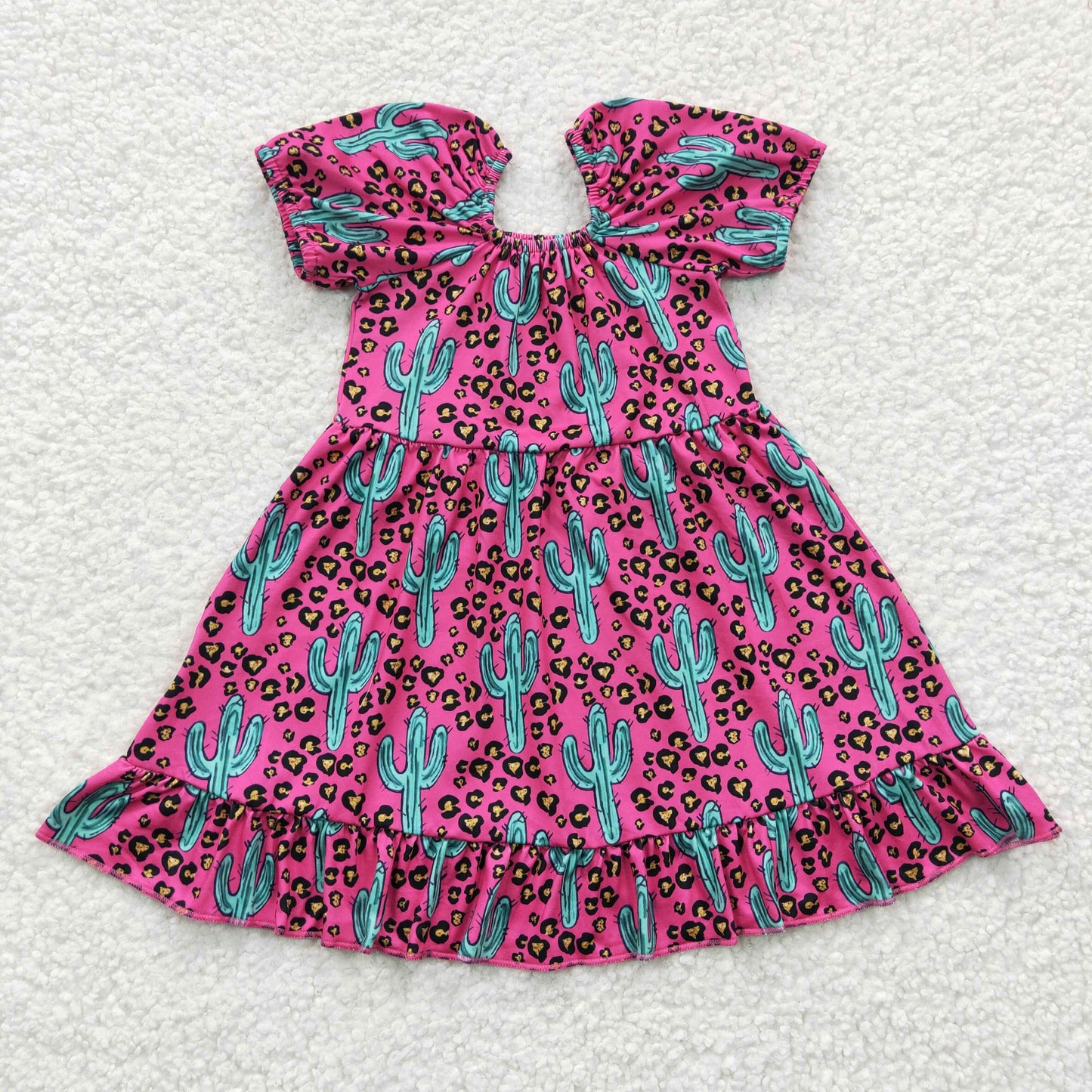 Promotion Baby Girl Short Sleeves Cactus Summer Ruffle Dress RTS