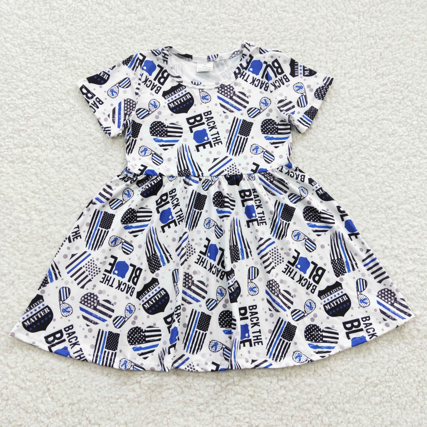 Promotion Baby Girl Short Sleeves Hearts Flags Blue Knee Length Dress RTS