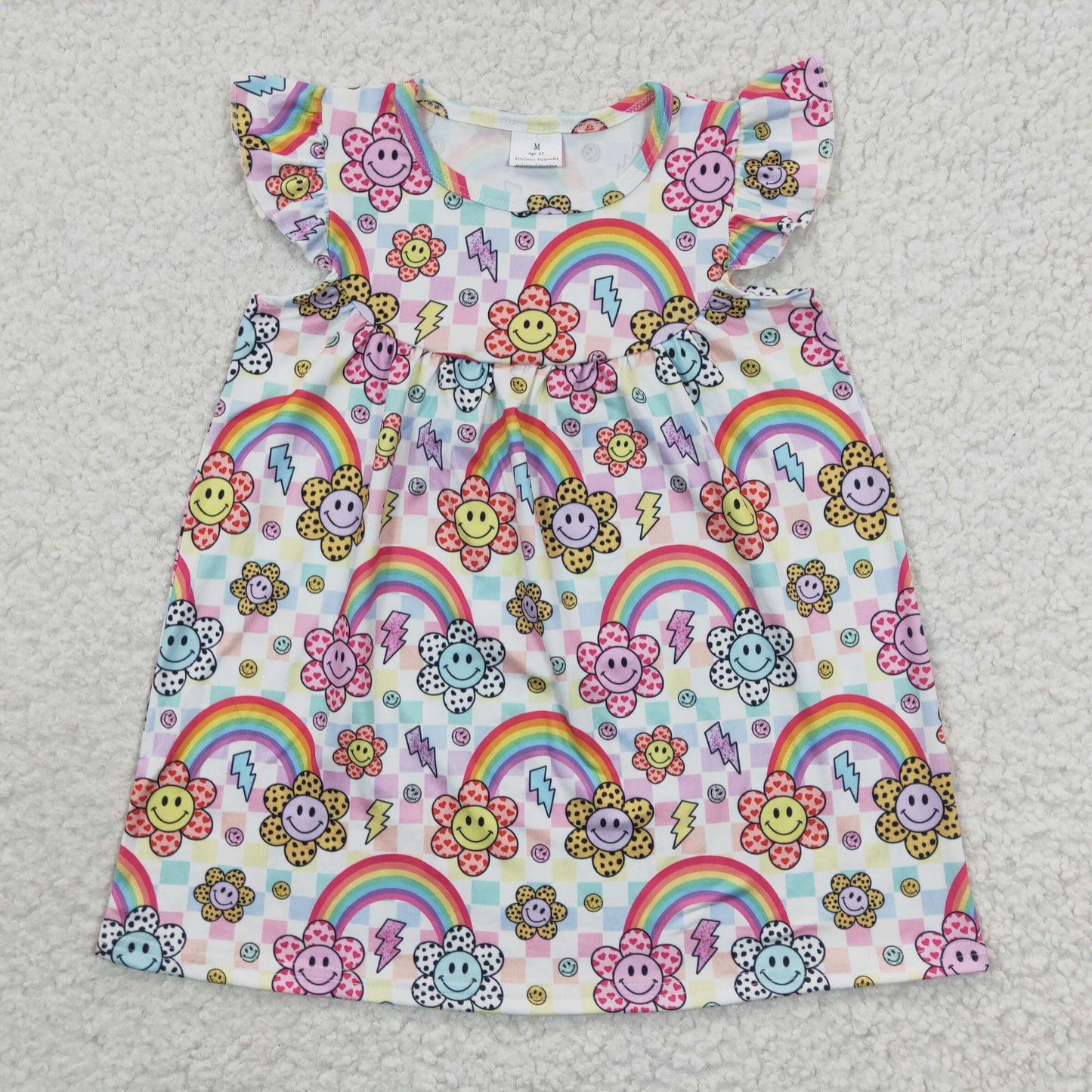 Promotion Baby Girl Short Sleeves Smile Flower Rainbow Dress RTS