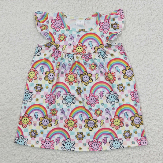 Promotion Baby Girl Short Sleeves Smile Flower Rainbow Dress RTS