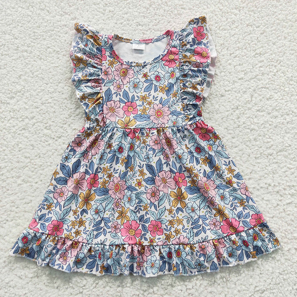 Baby Girl Short Sleeves Flower Plaid Sibling Knee Length Ruffle Dress RTS