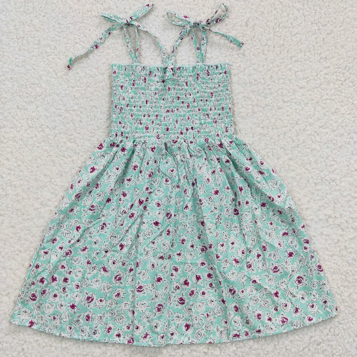 Promotion Baby Girl Summer Halter Sleeveless Elastic Smocked Floral Green Dress RTS