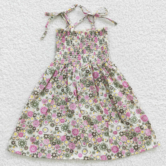 Promotion Baby Girl Summer Halter Sleeveless Elastic Smocked Floral Dress RTS