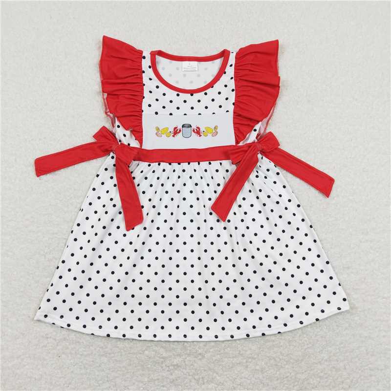 Baby Girl Short Sleeves Embroidery Crawfish Dots Sibling Romper Dress Set RTS