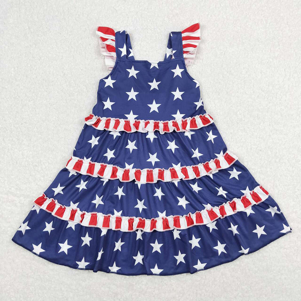 Baby Girl Short Sleeves Stars 4th Of July Sibling Knee Length Dress RTS