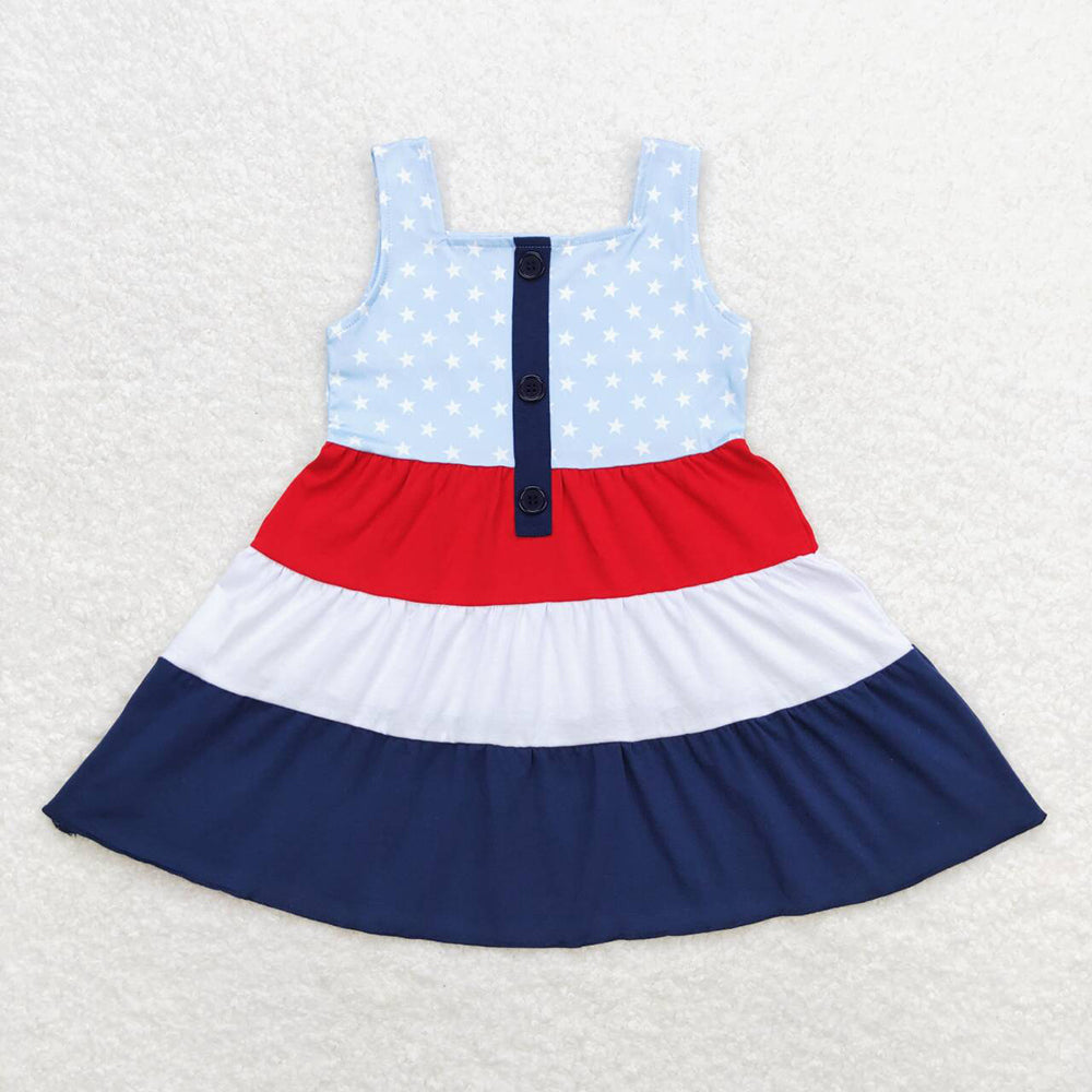 Baby Girl Short Sleeves Stars 4th Of July Sibling Knee Length Dress RTS