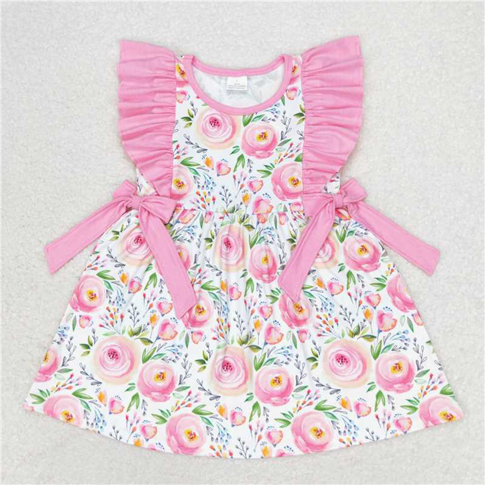 Baby Girl Short Sleeves Flower Pink Bows Sibling Dress Romper Set Clothes RTS