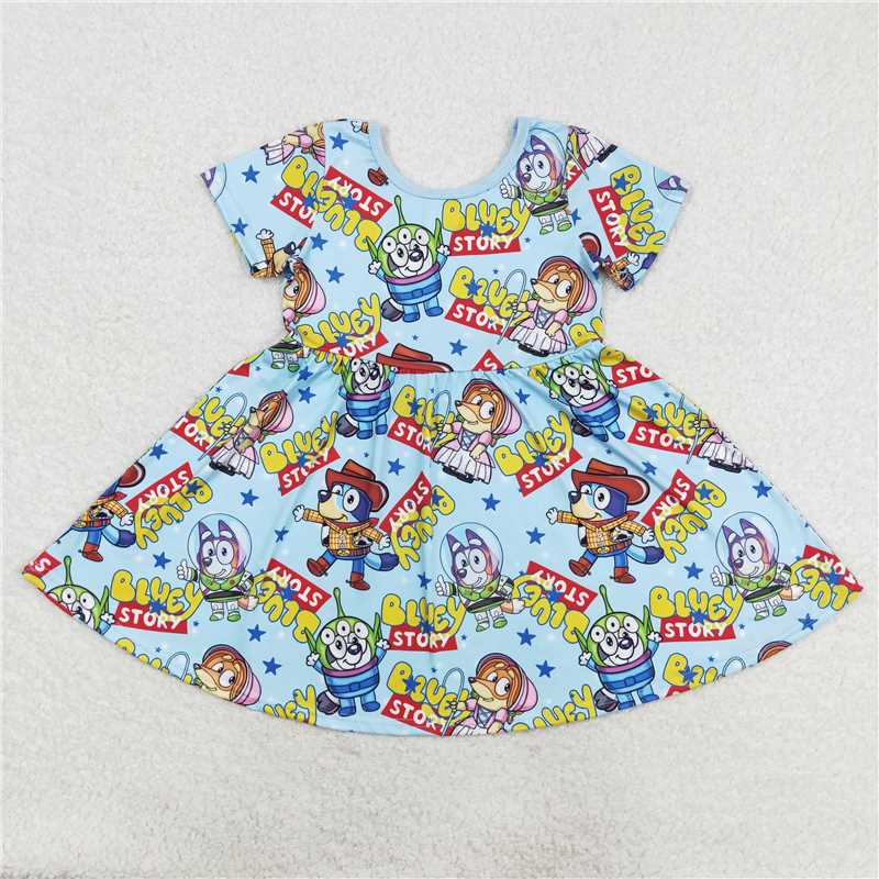 Baby Boy Girl Short Sleeves Dogs Blue Sibling Romper Dress Set RTS
