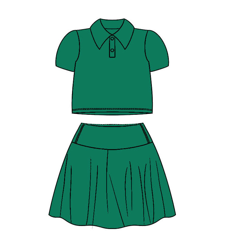 Pre-order Baby Girl Green Buttons Shirt Skirt Sports Set