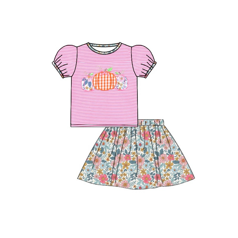 Pre-order Baby Girl Pink Stripes Pumpkin Tops Floral Skirt Set