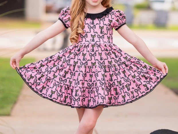 Pre-order Baby Girl Short Sleeves Cats Bows Pink Dress