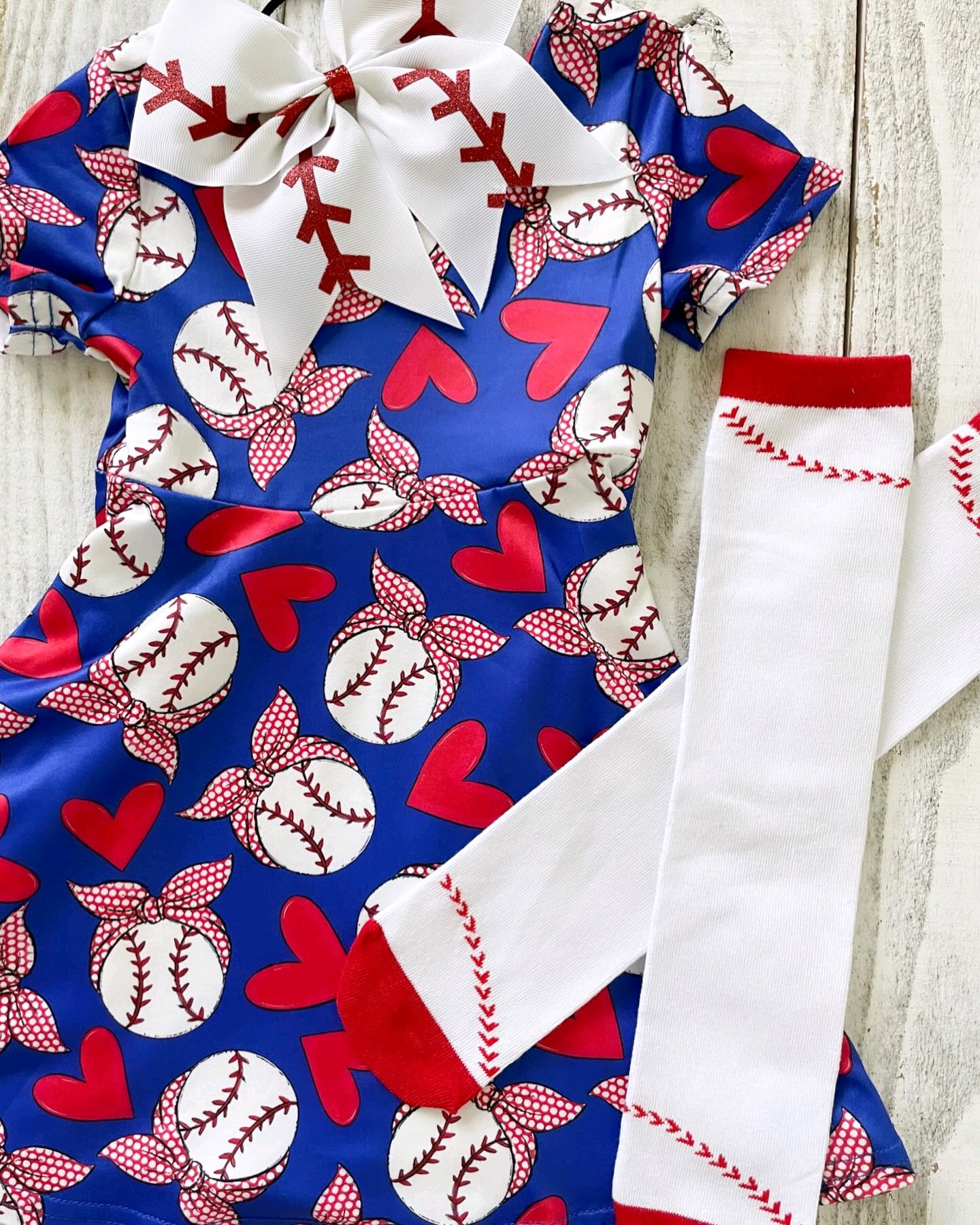Pre-order Baby Girl Baseball Hearts Knee Length Dress