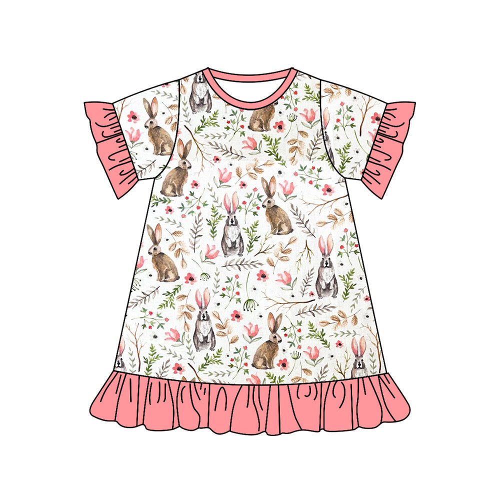 Pre-order Baby Girl Easter Rabbit Flower Ruffle Knee Length Dress