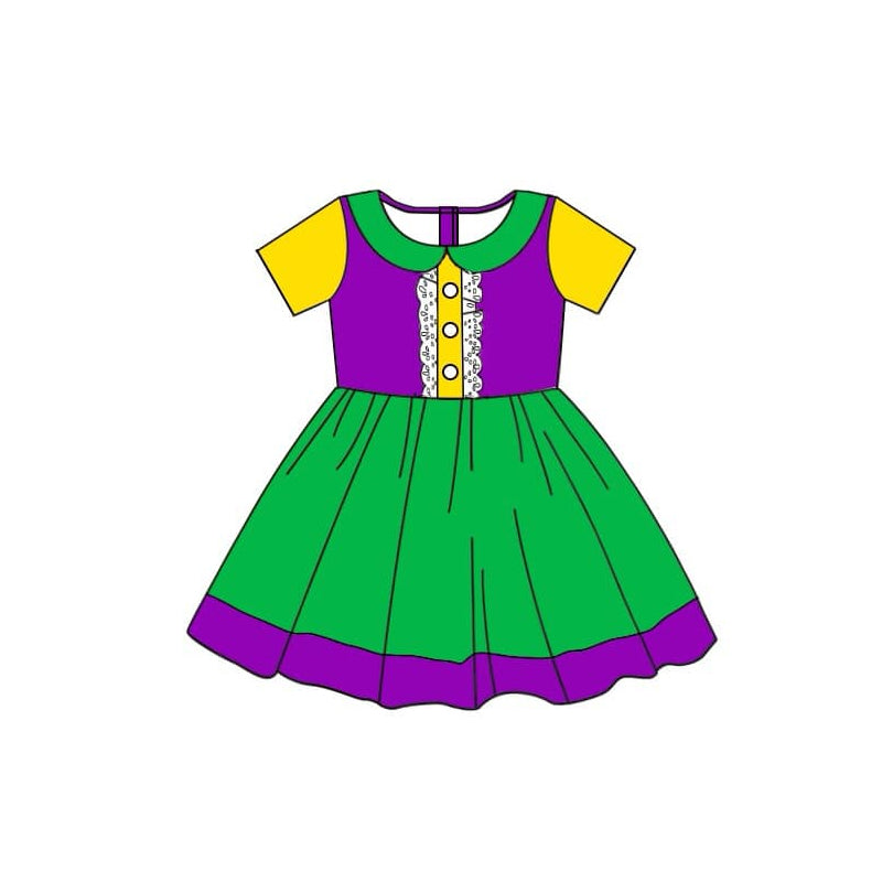 Pre-order Baby Girl Short Sleeves Mardi Gras Knee Length Dress
