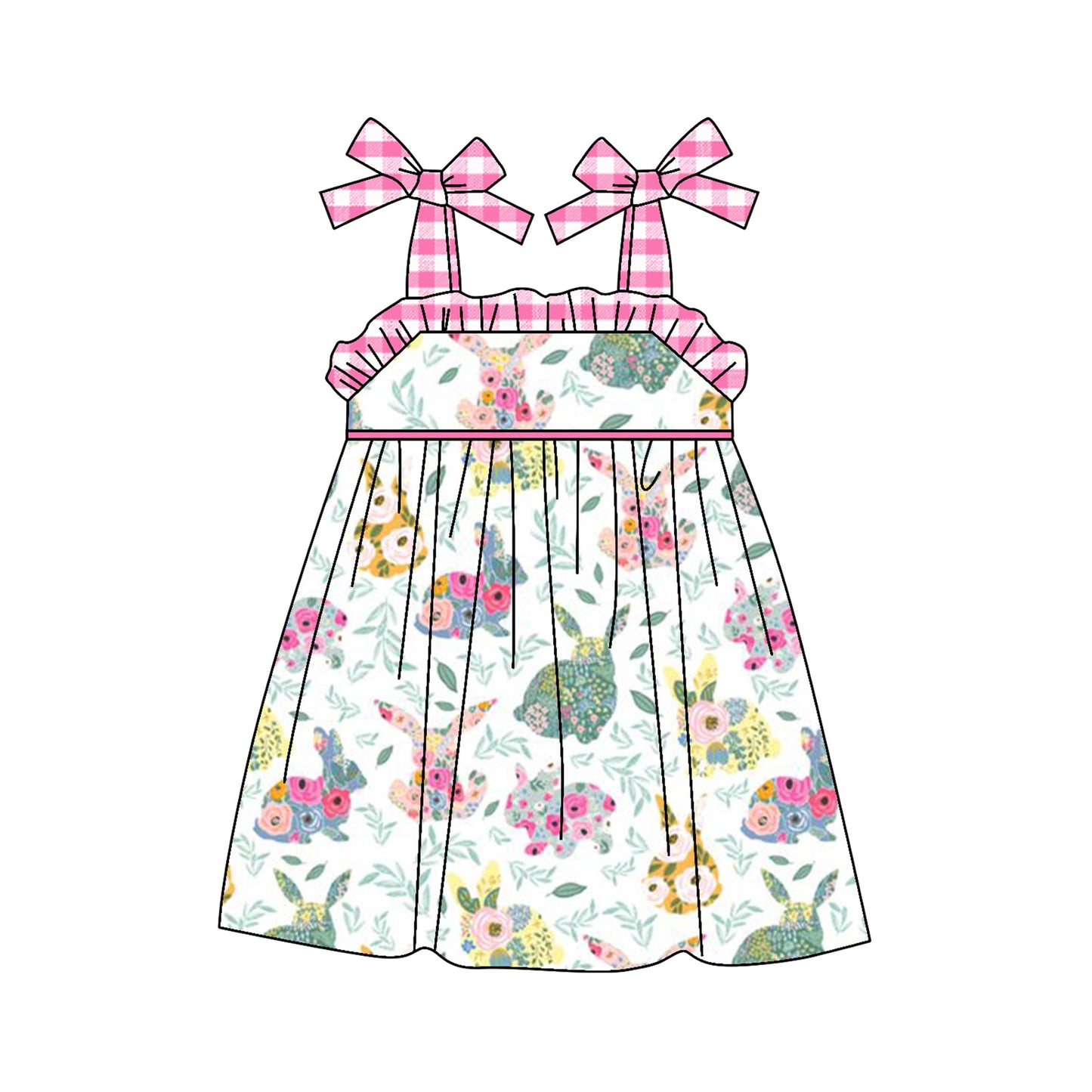 Pre-order Baby Girl Easter Rabbit Flower Straps Knee Length Dress