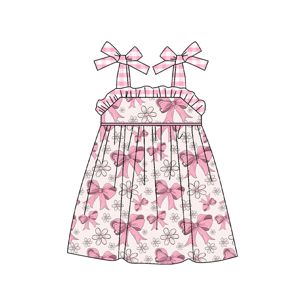 Pre-order Baby Girl Straps Pink Bows Flower Knee Length Dress