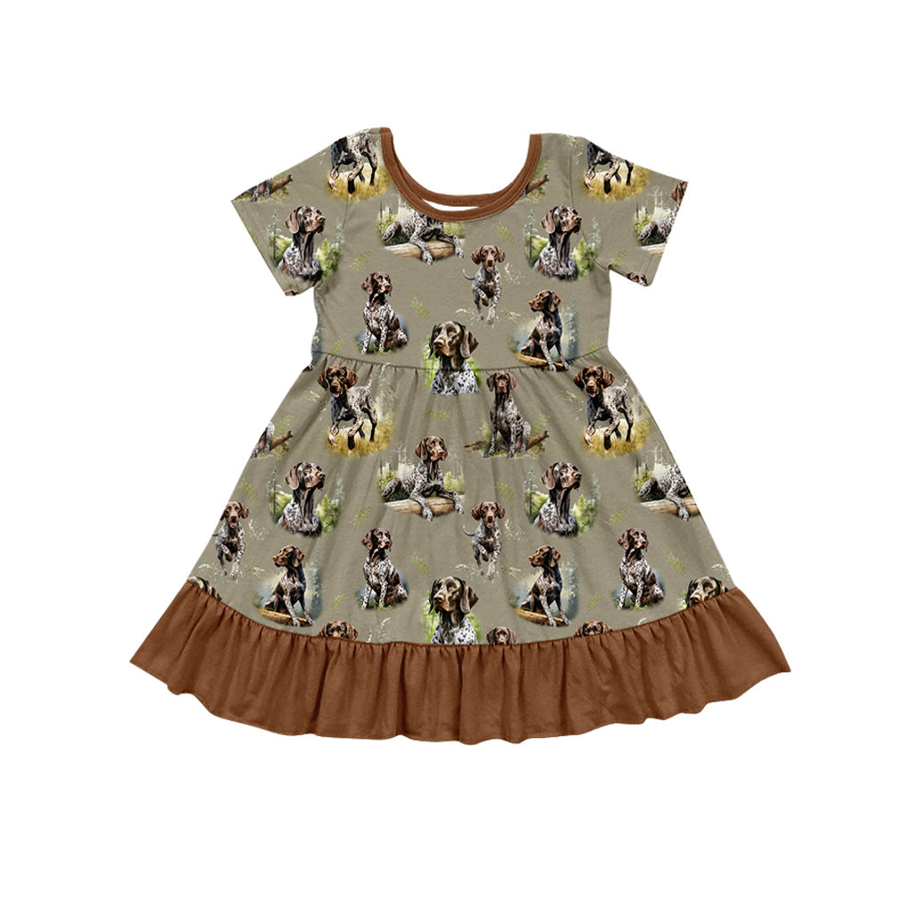 Pre-order Baby Girl Short Sleeves Dog Ruffle Knee Length Hunting Dress