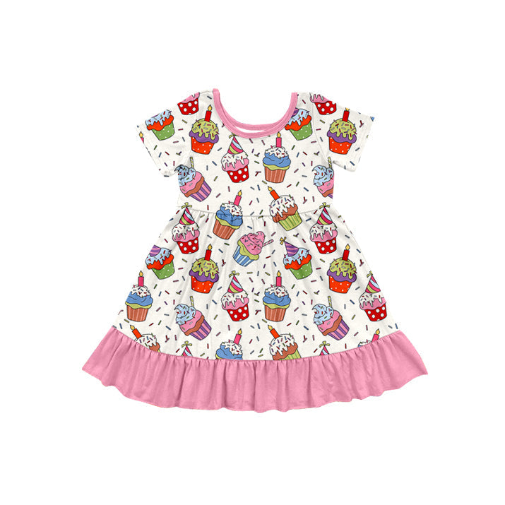 Pre-order Baby Girl Short Sleeves Birthday Cake Pink Ruffle Knee Length Dress