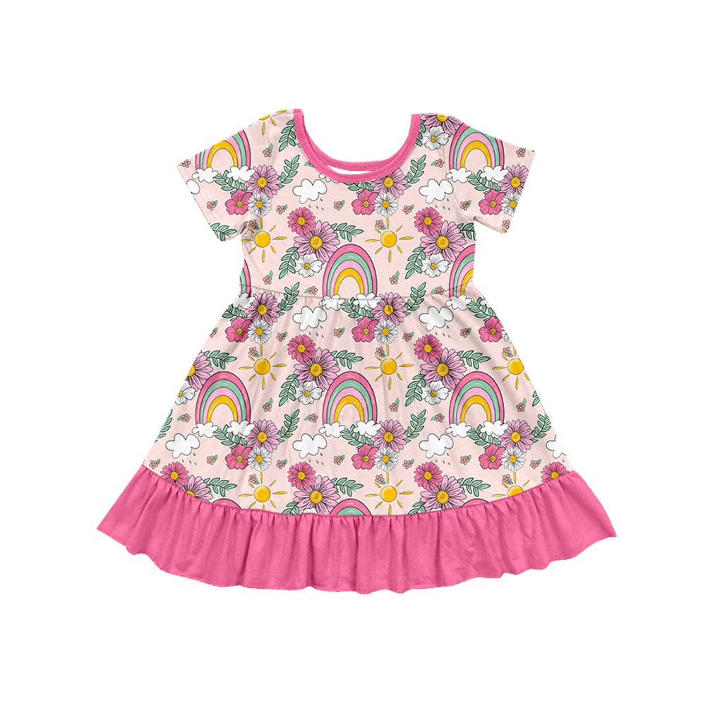 Pre-order Baby Girl Short Sleeves Sassy Rainbow Flower Ruffle Knee Length Dress