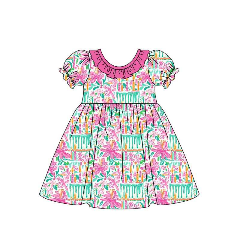 Pre-order Baby Girl Short Sleeves Flower Knee Length Ruffle Dress