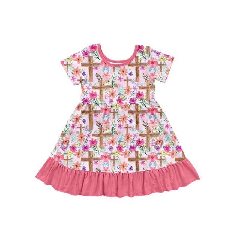 Pre-order Baby Girl Short Sleeves Easter Cross Flower Knee Length Dress