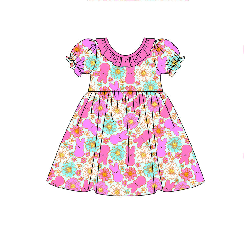 Preorder Baby Girl Easter Rabbits Flowers Pink Knee Length Dress