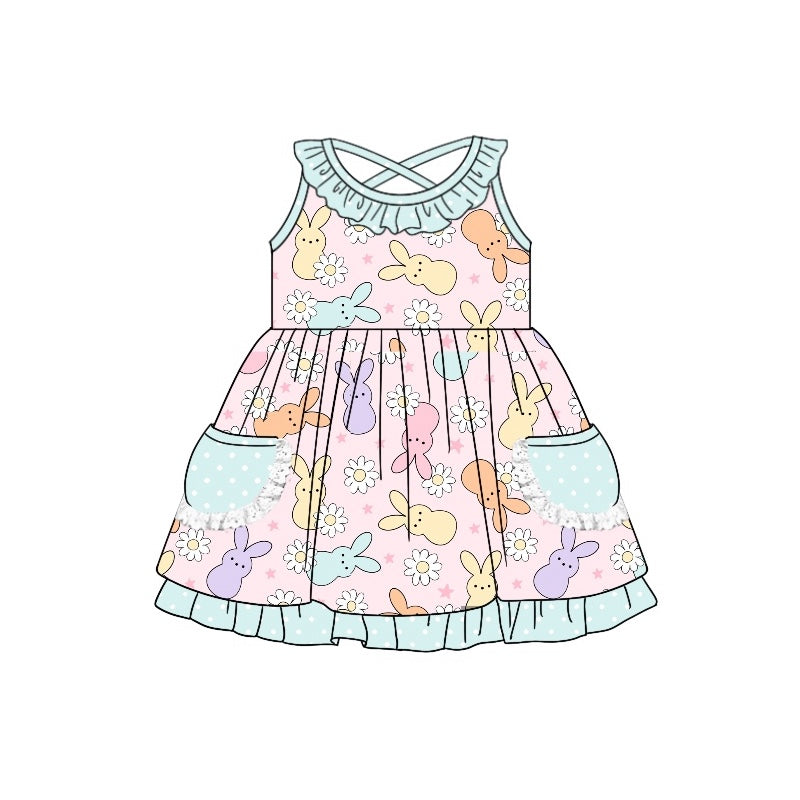 Preorder Baby Girl Easter Colorful Rabbit Pocket Knee Length Dress