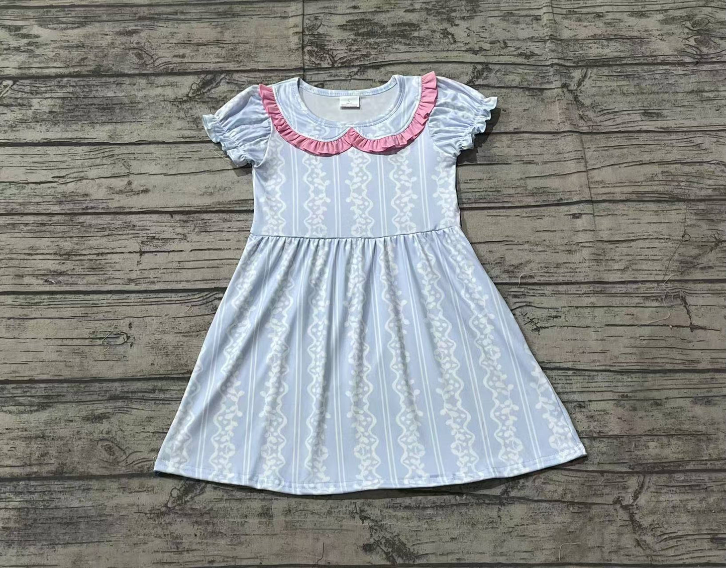 Baby Girl Short Sleeves Blue White Ruffle Knee Length Dress