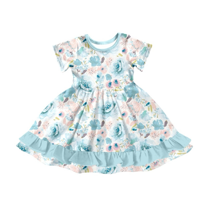 Preorder Baby Girl Short Sleeves Flower Knee Length Ruffle Dress