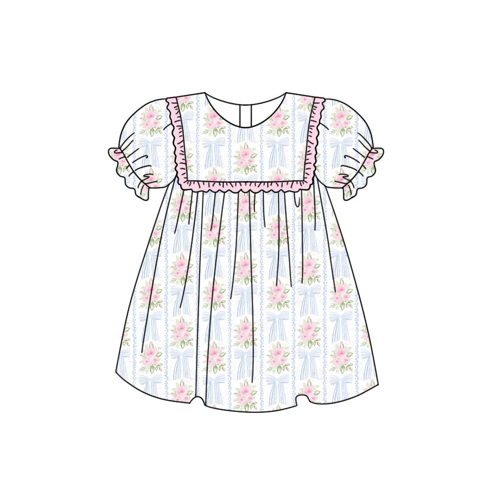 Preorder Baby Girl Short Sleeves Bows Flower Knee Length Dress