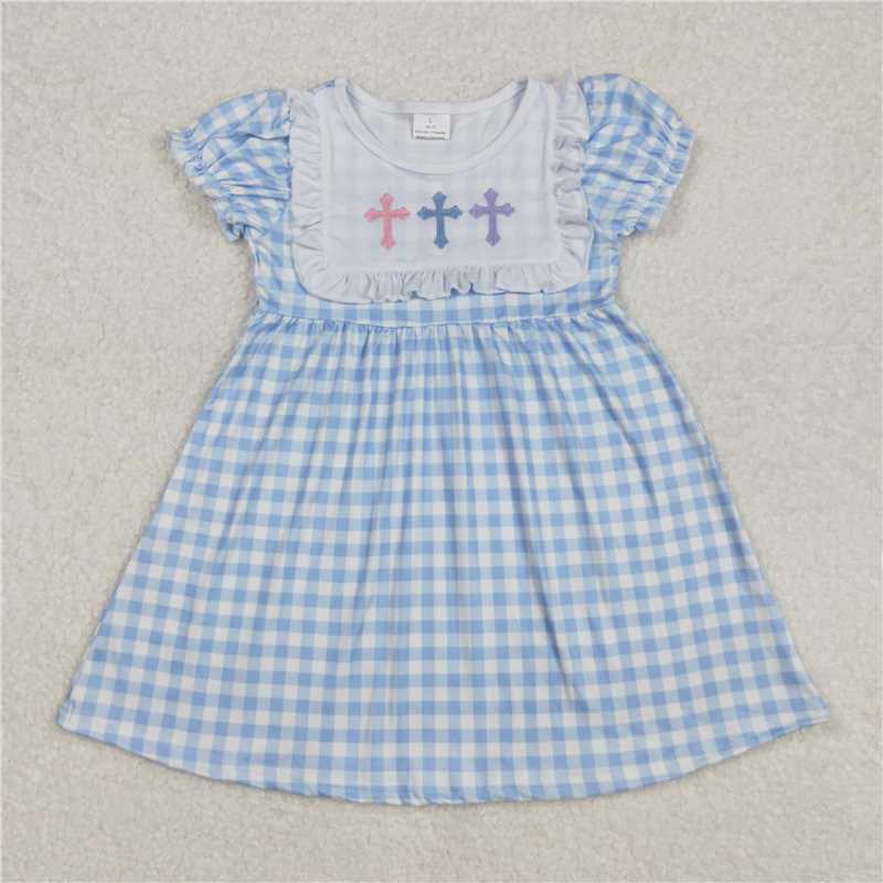 Baby Girl Short Sleeves Embroidery Crosses Blue Plaid Sibling Easter Romper Dress RTS