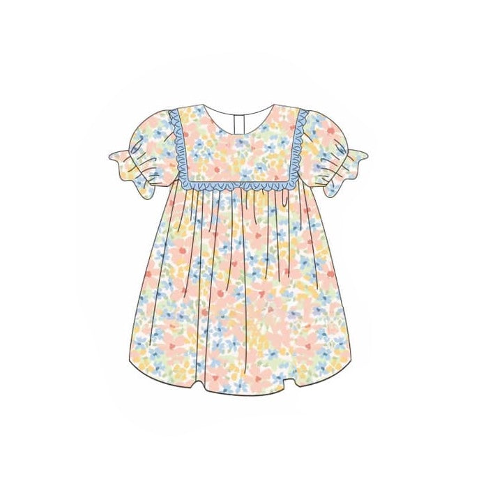 Preorder Baby Girl Short Sleeves Flower Knee Length Dress