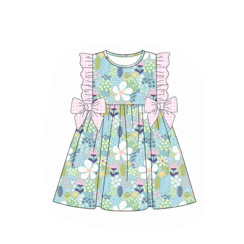 Preorder Baby Girl Short Sleeves Flower Bows Ruffle Knee Length Dress