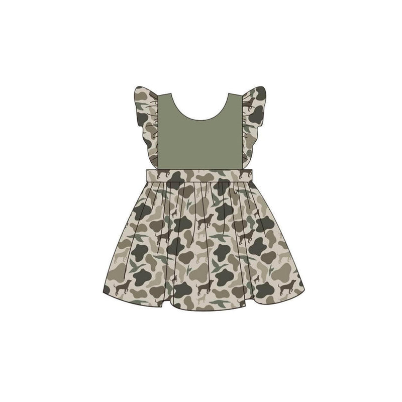 Preorder Baby Girl Short Sleeves Green Camo Dog Duck Knee Length Dress