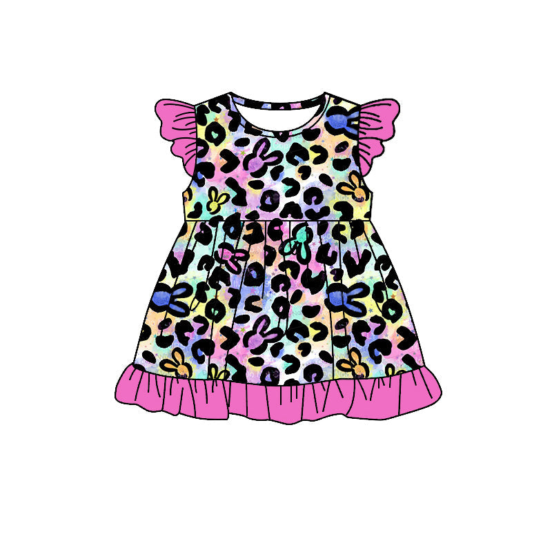 Preorder Baby Girl Short Sleeves Leopard Easter Rabbit Knee Length Dress