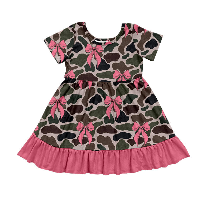 Preorder Baby Girl Short Sleeves Pink Bows Camo Ruffle Knee Length Dress