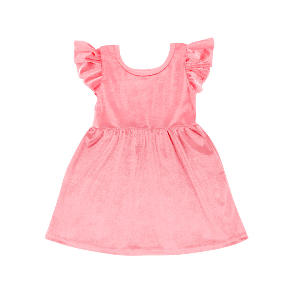 Preorder Baby Girl Short Sleeves Pink Velvet Knee Length Dress