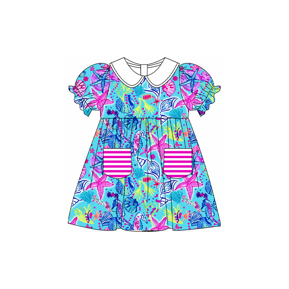 Preorder Baby Girl Short Sleeves Sea Stars Pocket Knee Length Dress