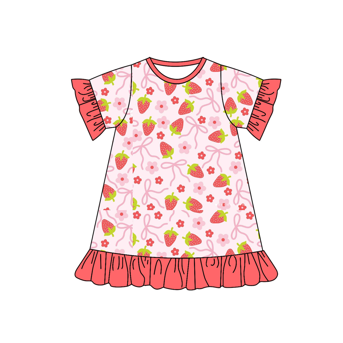 Preorder Baby Girl Short Sleeves Bows Strawberry Ruffle Knee Length Dress