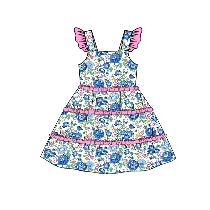 Preorder Baby Girl Short Sleeves Blue Flower Ruffles Knee Length Dress