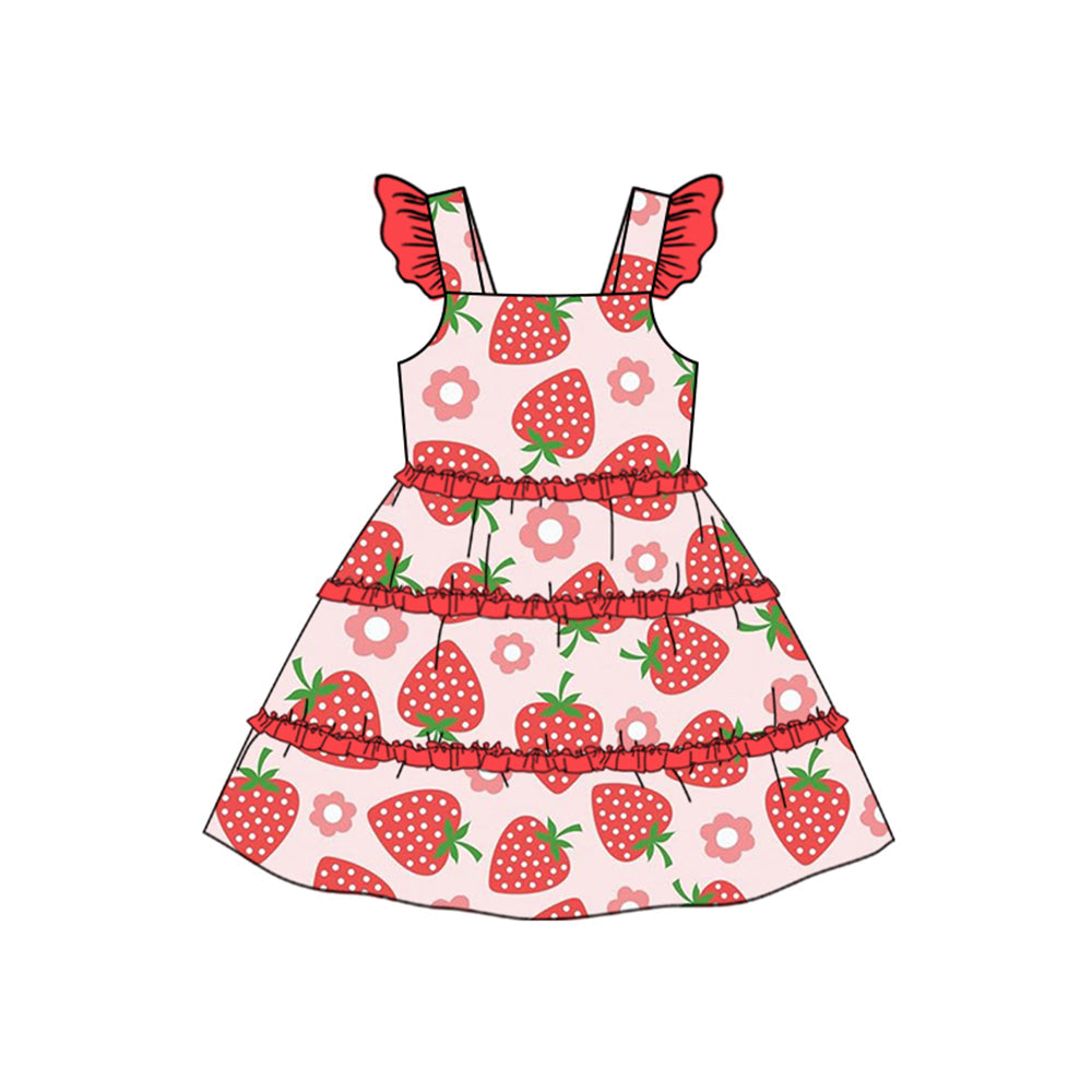 Preorder Baby Girl Straps Flower Strawberry Knee Length Ruffle Dress