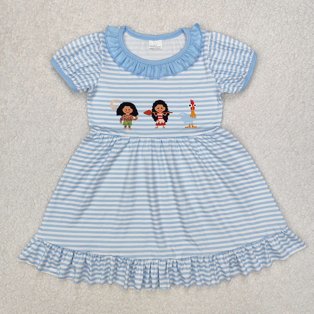 Baby Girl Short Sleeves Blue Stripes Princess Sibling Romper Dress RTS