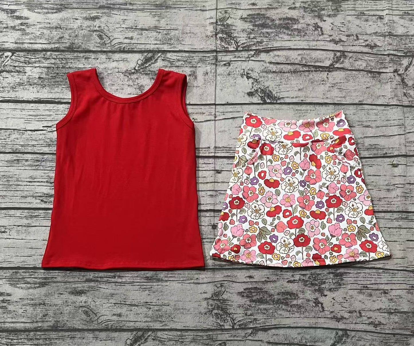 Baby Girl Sleeveless Red Tops Flower Skorts Shorts Skirt Active Wear Yoga Set