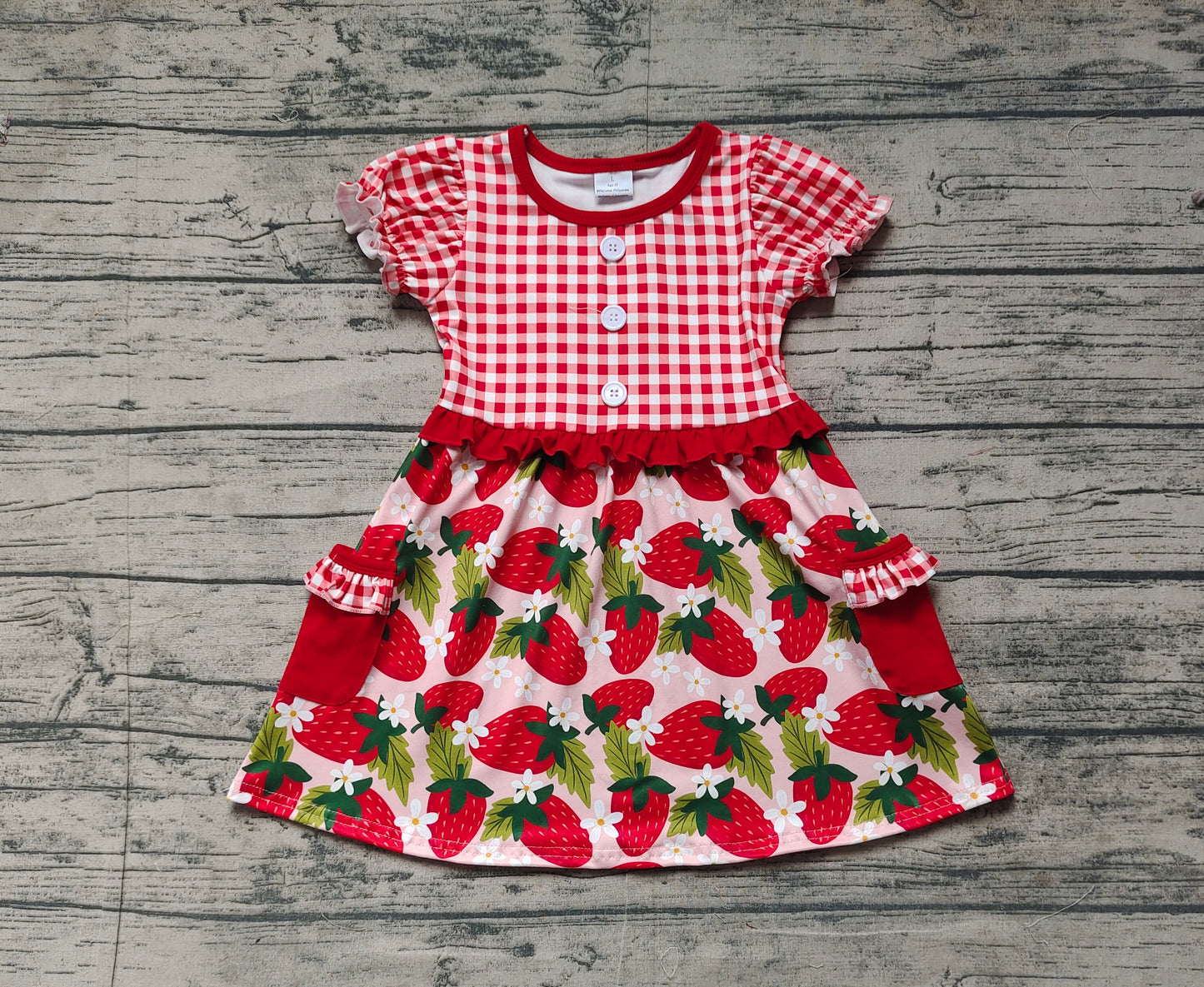 Baby Girl Short Sleeves Red Plaid Strawberry Knee Length Pocket Dress RTS