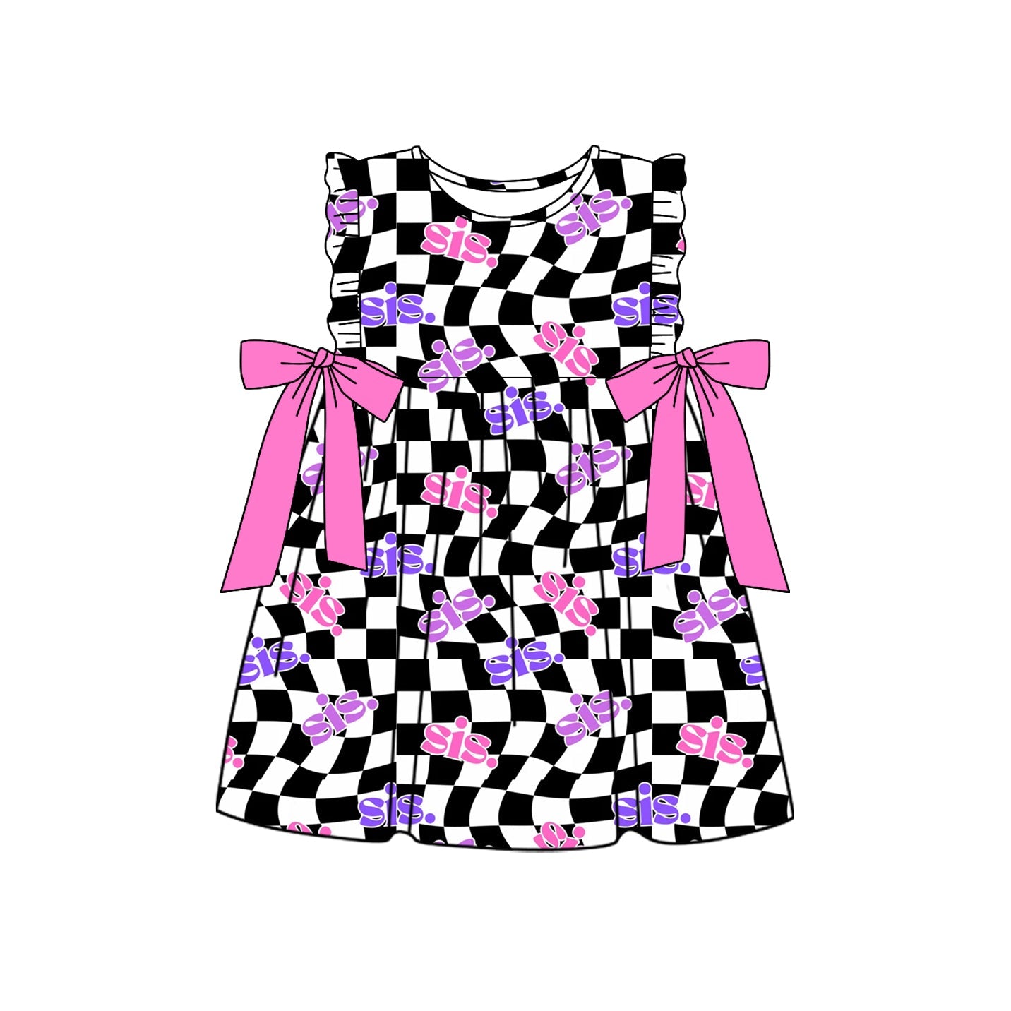 Preorder Baby Girl Sleeveless Checkered Sister Pink Bows Knee Length Dress